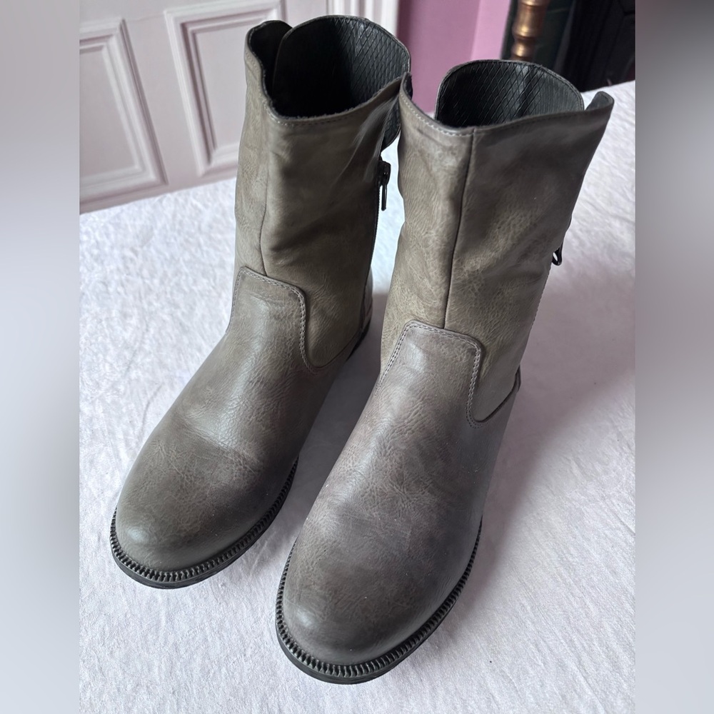 Rieker Gray Leather Mid-Calf Ankle Boots